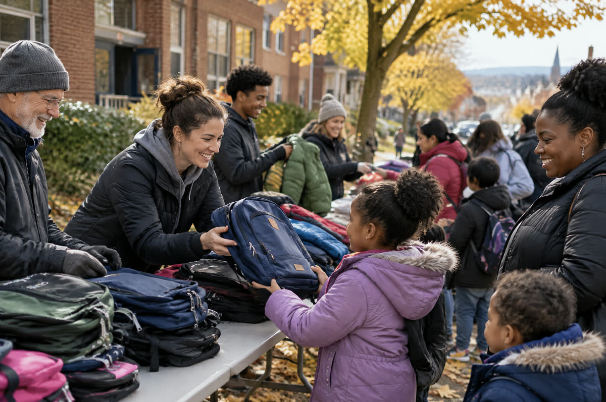 Volunteers hand out backpacks and coats to families
