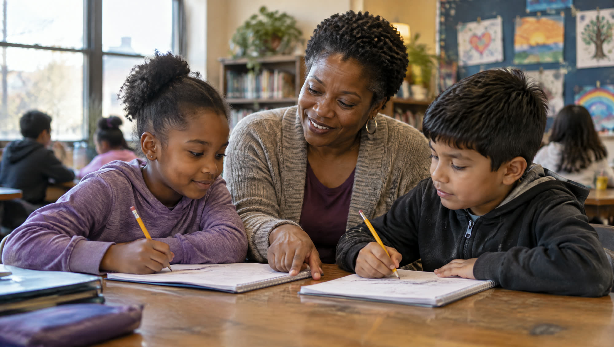 A mentor helps two children with their homework at The Determination Center