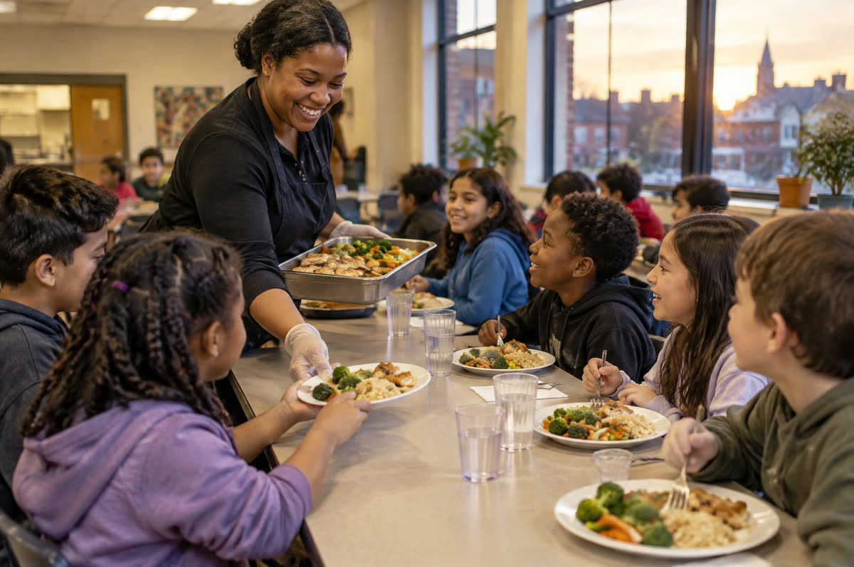 Children share a hot dinner served by staff