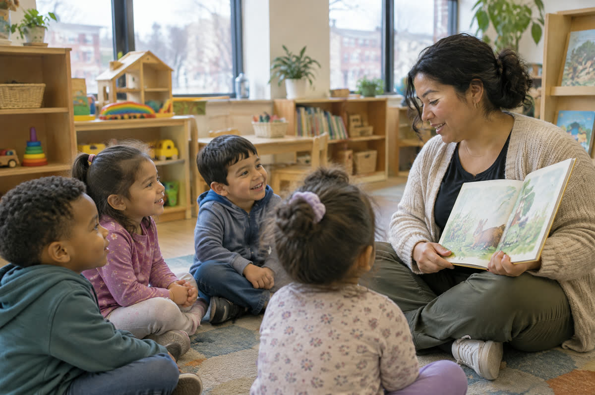 A teacher reads a story to Pre-K children