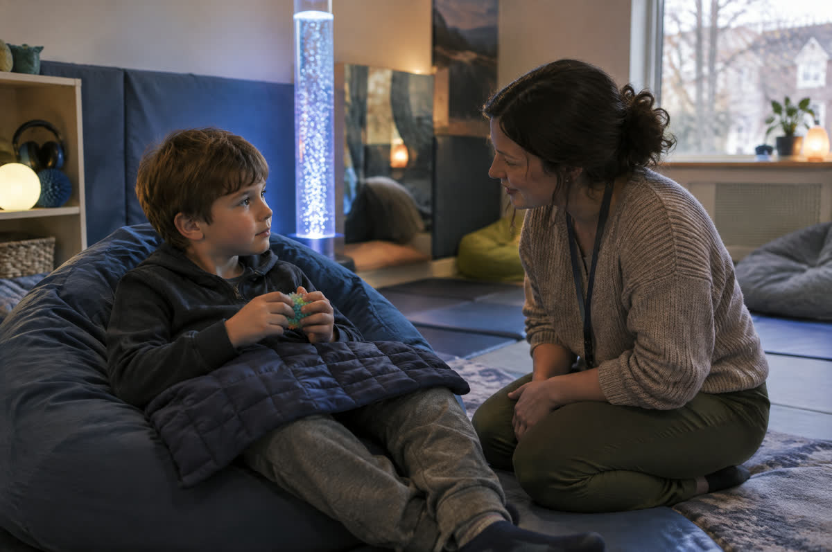 A teacher sits with a child in a calm sensory room