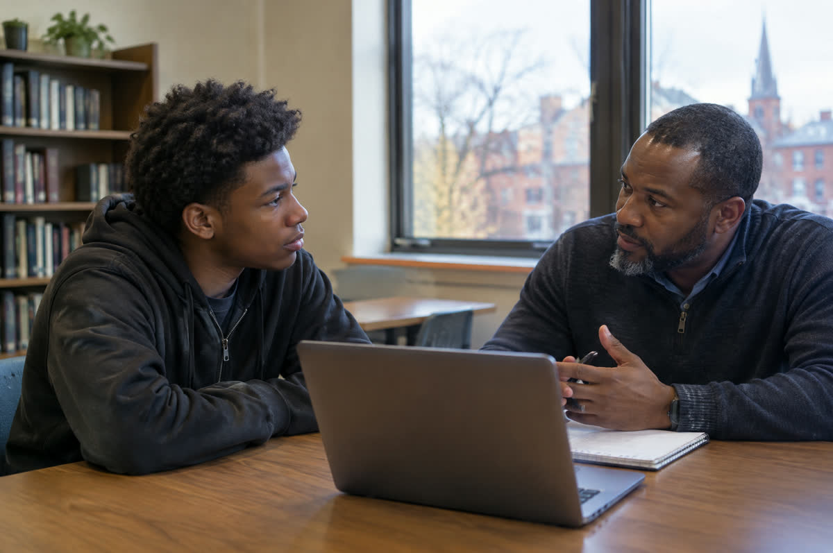 A mentor talks with a high-school student